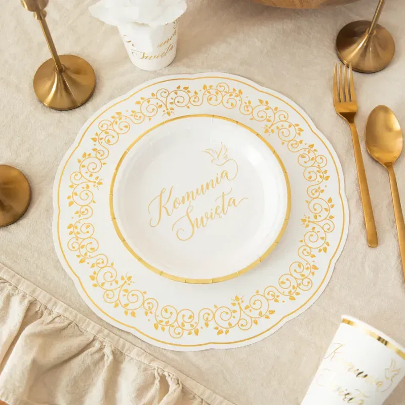 Talerzyki papierowe Komunia Święta biało-złote 7 cali 6 szt.