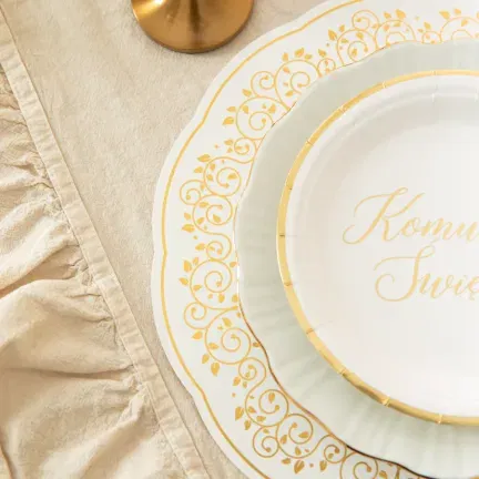 Talerzyki papierowe Komunia Święta biało-złote 7 cali 6 szt.