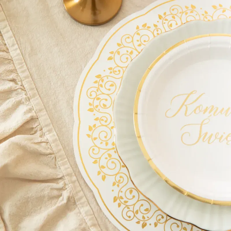 Talerzyki papierowe Komunia Święta biało-złote 7 cali 6 szt.