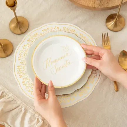 Talerzyki papierowe Komunia Święta biało-złote 7 cali 6 szt.