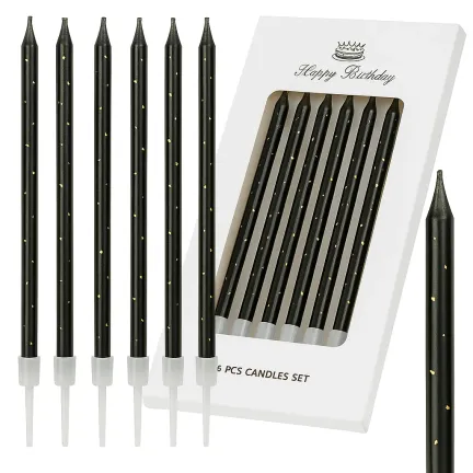 Świeczki dekoracja na TORT czarno złote długie 11 cm 6 szt Świeczki dekoracja na TORT czarno złote długie 11 cm 6 szt