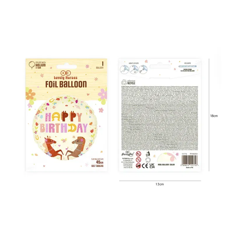 Balon foliowy Happy Birthday Koniki 45 cm