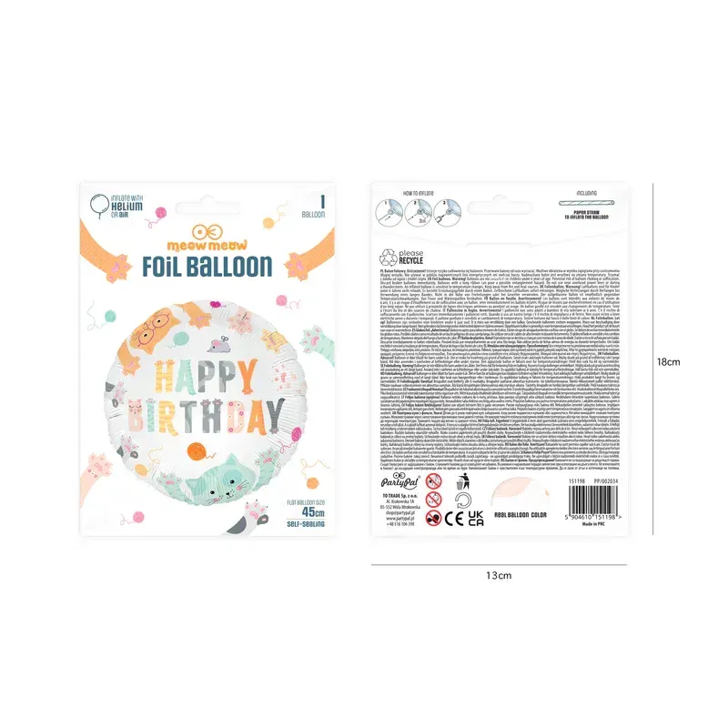 Balon foliowy Happy Birthday Kotki 45cm
