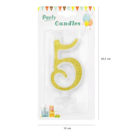 Świeczka złota z brokatem cyfra 5 duża