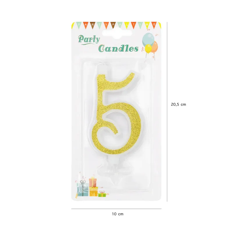 Świeczka złota z brokatem cyfra 5 duża