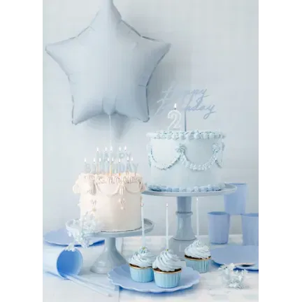 Topper akrylowy na tort Happy Birthday, mglisty niebieski, 16.5 cm