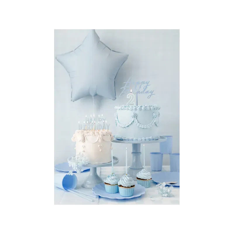 Topper akrylowy na tort Happy Birthday, mglisty niebieski, 16.5 cm