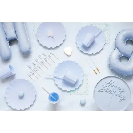 Topper akrylowy na tort Happy Birthday, mglisty niebieski, 16.5 cm