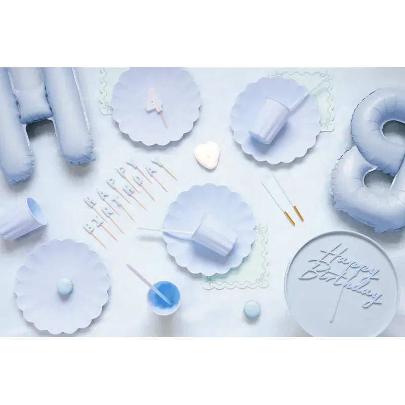 Topper akrylowy na tort Happy Birthday, mglisty niebieski, 16.5 cm