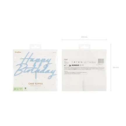Topper akrylowy na tort Happy Birthday, mglisty niebieski, 16.5 cm