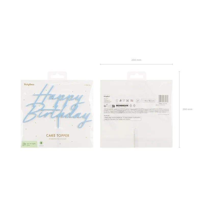 Topper akrylowy na tort Happy Birthday, mglisty niebieski, 16.5 cm