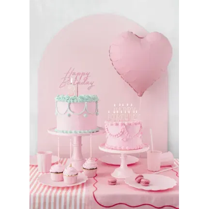 Topper akrylowy na tort Happy Birthday, jasny róż, 16.5 cm