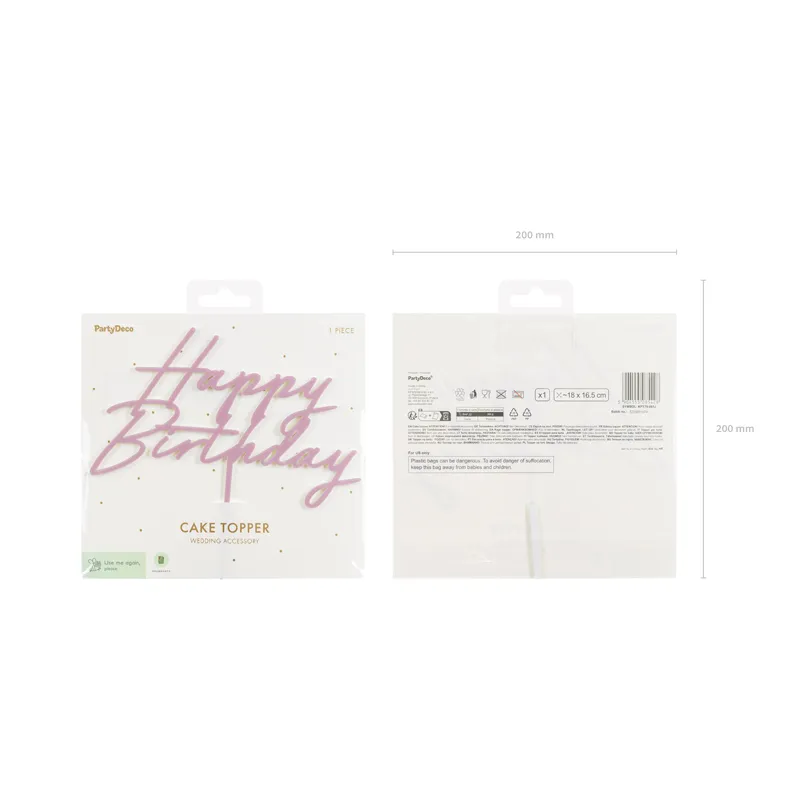 Topper akrylowy na tort Happy Birthday, jasny róż, 16.5 cm