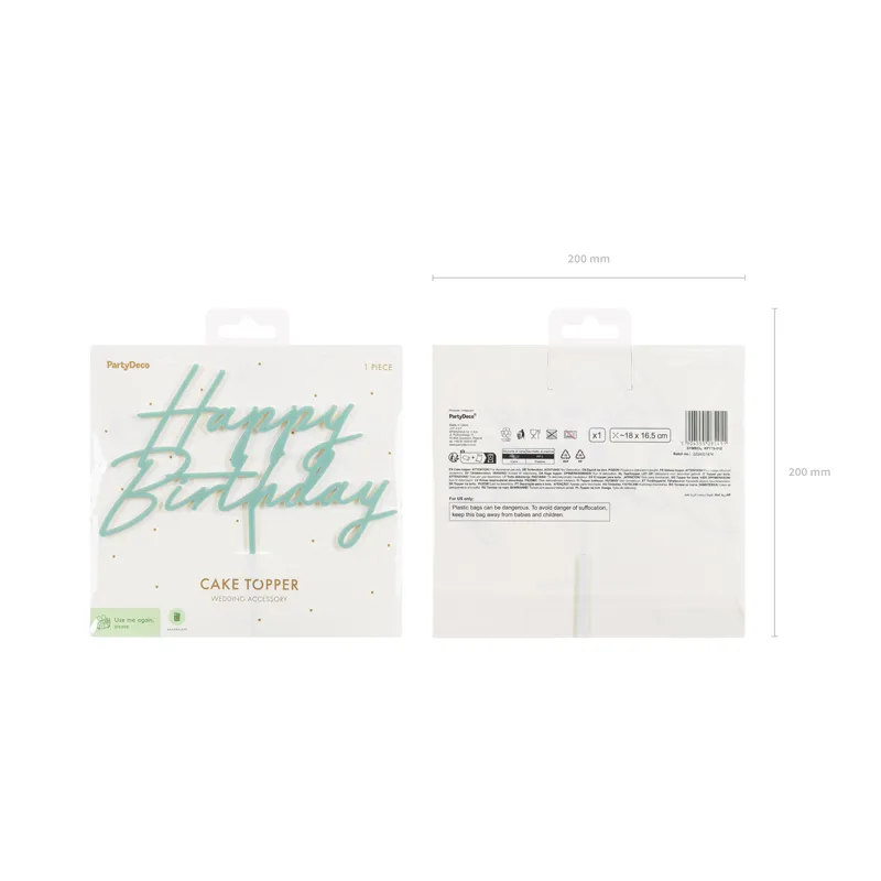 Topper akrylowy na tort Happy Birthday, zieleń, 16.5 cm