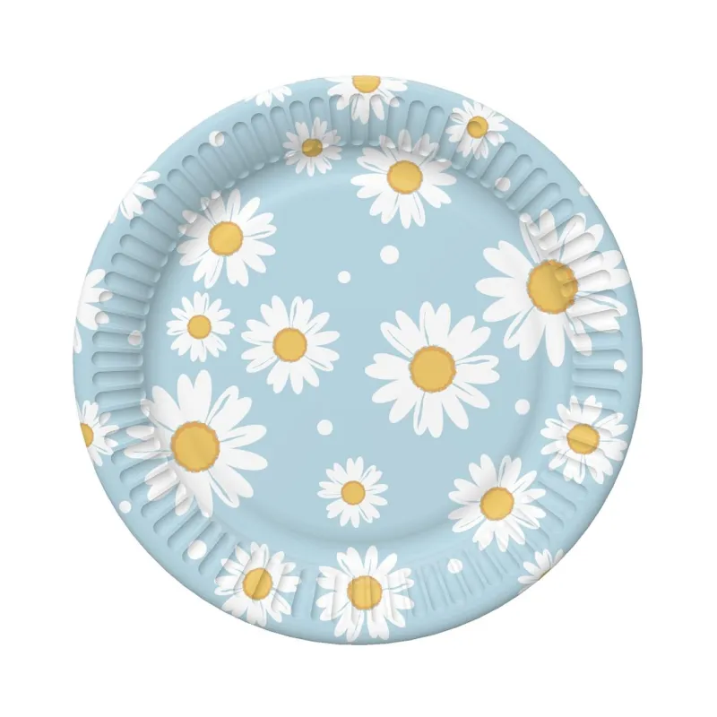 Talerzyki papierowe, niebieskie, stokrotki, 18 cm, 6 szt.