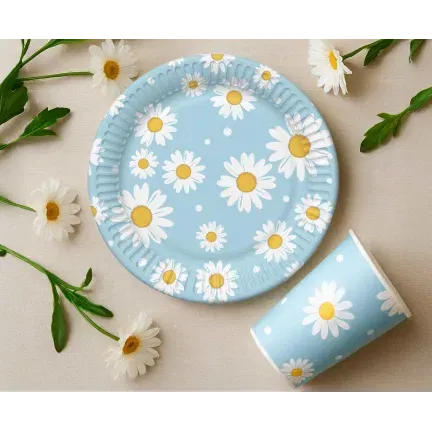 Talerzyki papierowe, niebieskie, stokrotki, 18 cm, 6 szt.