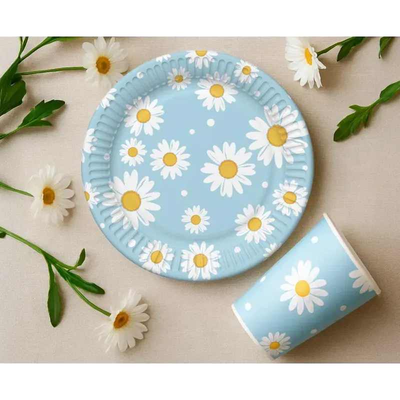 Talerzyki papierowe, niebieskie, stokrotki, 18 cm, 6 szt.