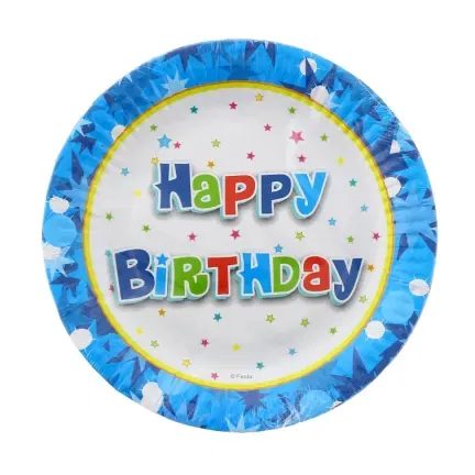 Talerzyki papierowe Happy Birthday niebieskie 18 cm, 6 szt.