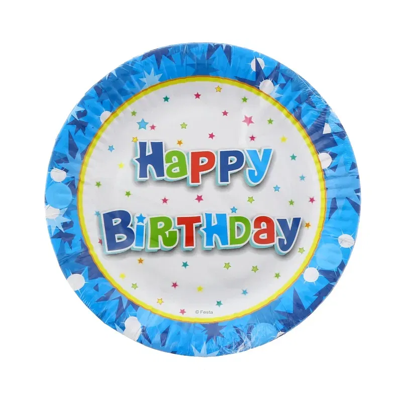Talerzyki papierowe Happy Birthday niebieskie 18 cm, 6 szt.