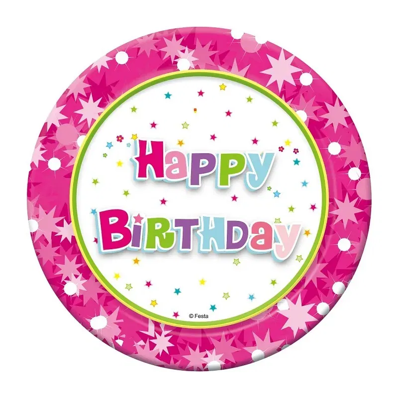 Talerzyki papierowe Happy Birthday (różowe) 18 cm, 6 szt.