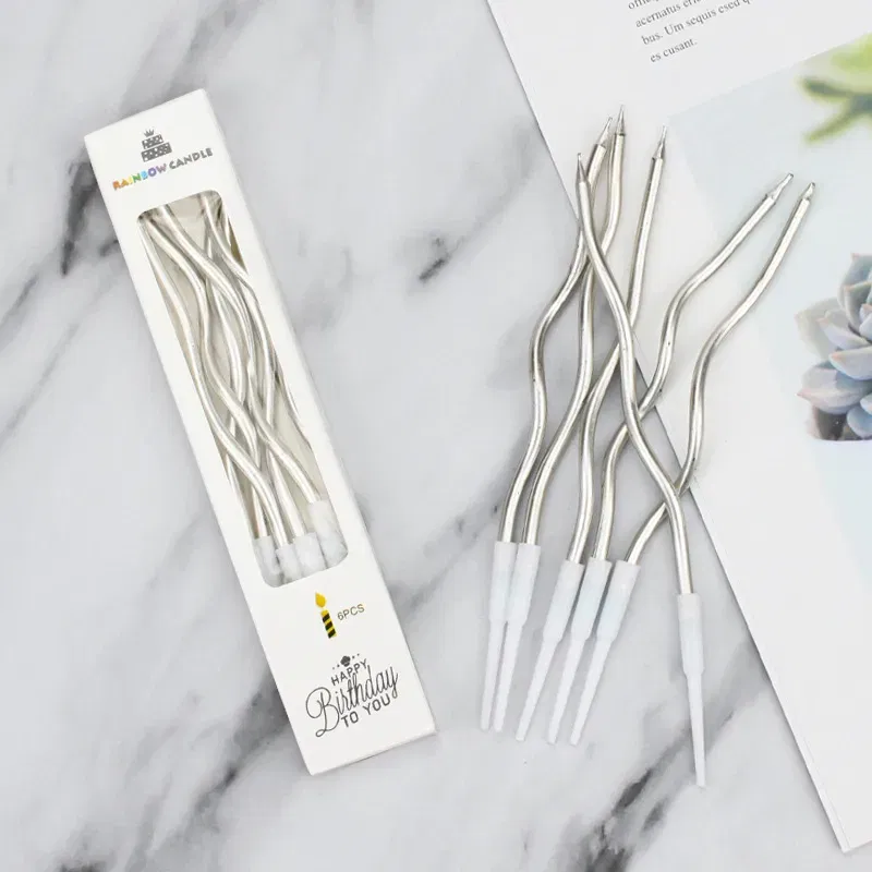 Świeczki dekoracja na TORT Zakręcone Świderki Srebrne 15 cm 6 szt