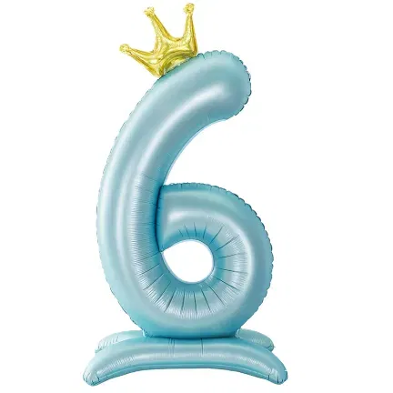 Balon foliowy Stojący CYFRA 6 z koroną Błękitny 100cm