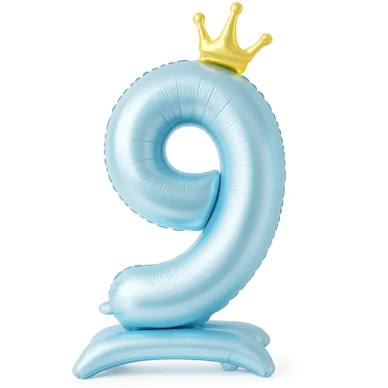 Balon foliowy Stojący CYFRA 9 z koroną Błękitny 100cm
