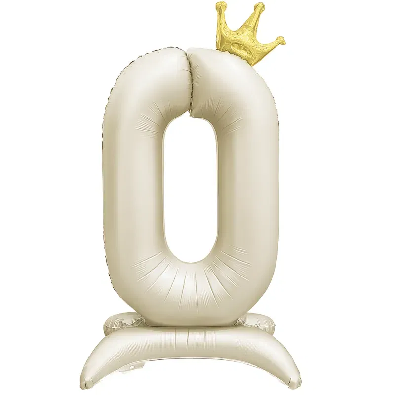Balon foliowy Stojący CYFRA 0 z koroną Kremowy 100cm