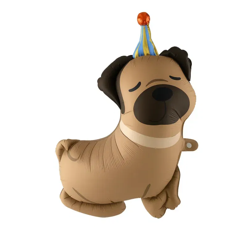 Balon foliowy Pies Mops w czapeczce urodzinowej – 75 x 54 cm