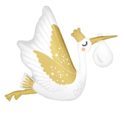 Balon foliowy Bocian ze Złotą Koroną Baby Shower – 88 x 71 cm