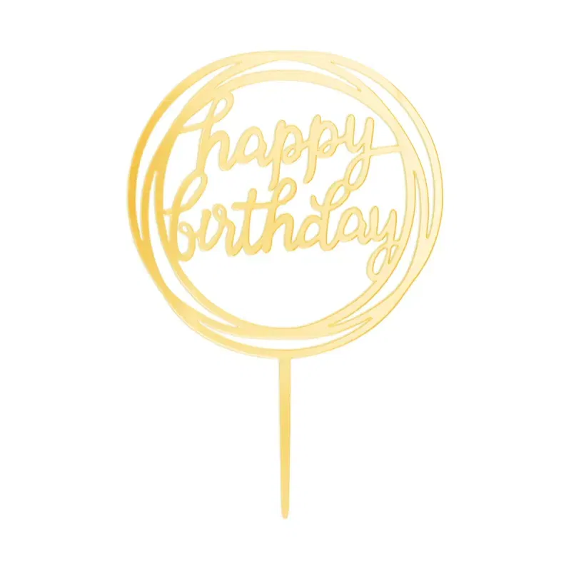 Topper na tort Happy Birthday okrągły lustrzany złoty 1 szt.