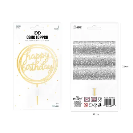 Topper na tort Happy Birthday okrągły lustrzany złoty 1 szt. Topper na tort Happy Birthday okrągły lustrzany złoty 1 szt.