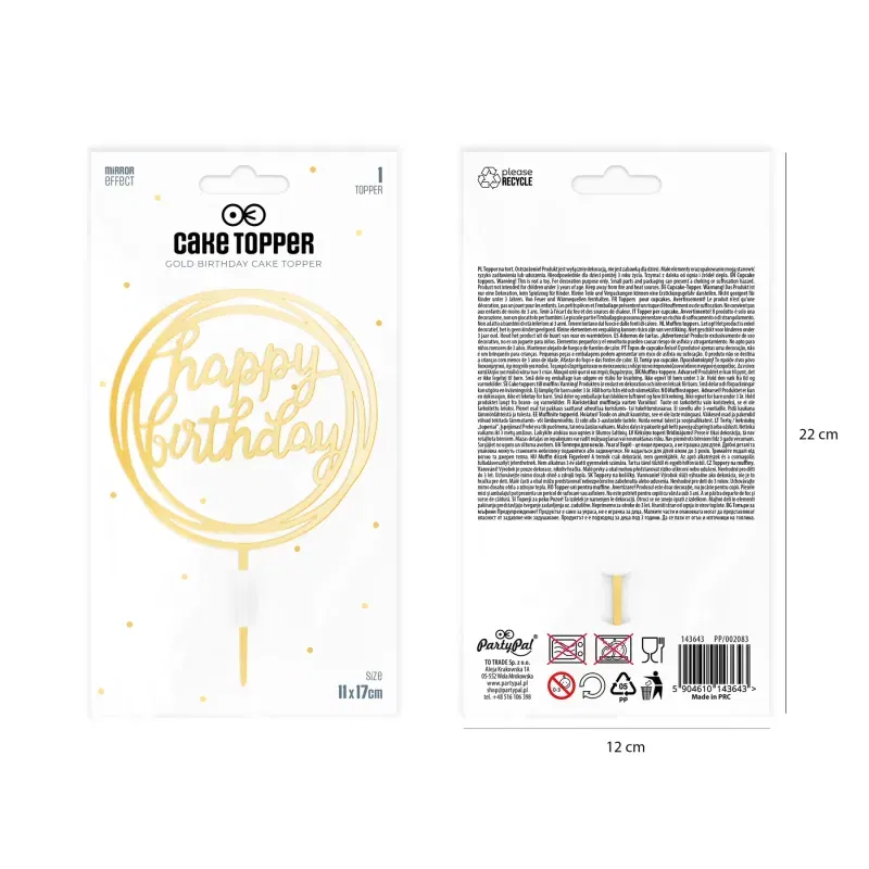 Topper na tort Happy Birthday okrągły lustrzany złoty 1 szt. Topper na tort Happy Birthday okrągły lustrzany złoty 1 szt.