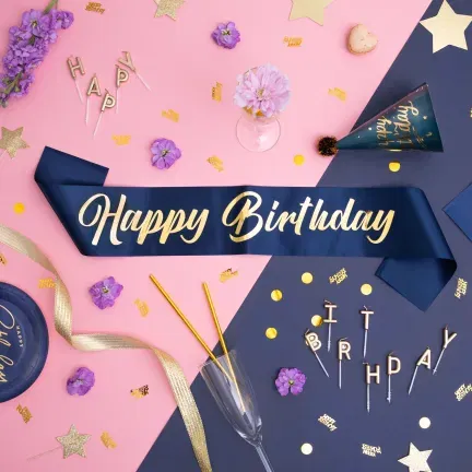 Szarfa urodzinowa Happy Birthday granatowo-złota 10x160cm Szarfa urodzinowa Happy Birthday granatowo-złota 10x160cm