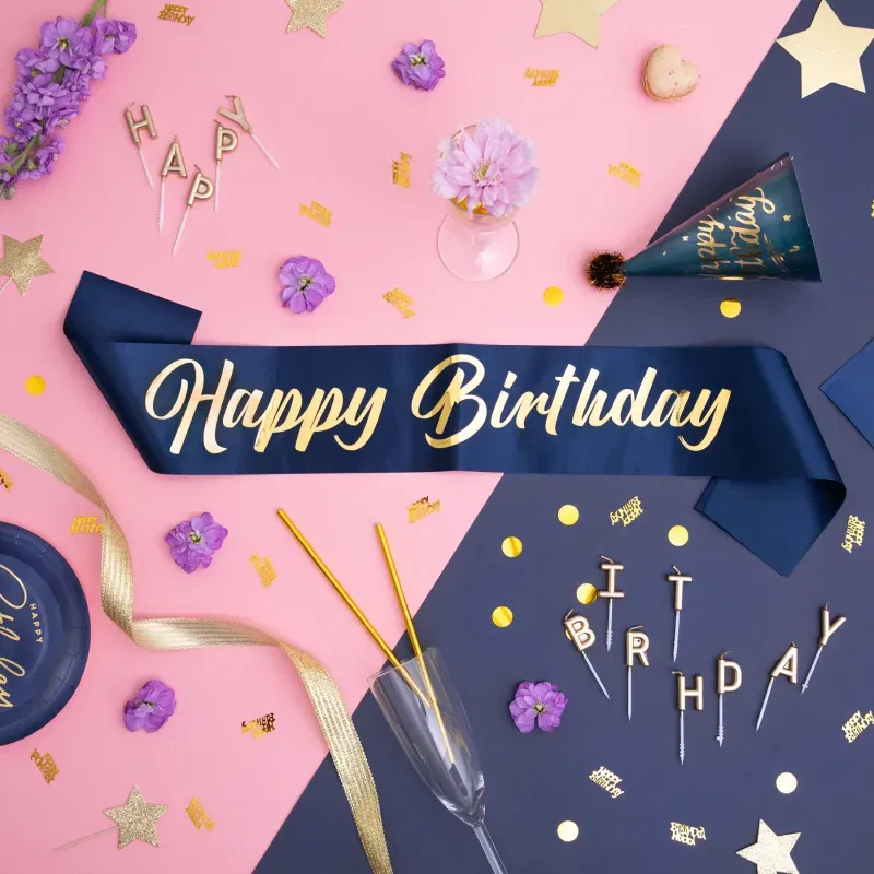 Szarfa urodzinowa Happy Birthday granatowo-złota 10x160cm Szarfa urodzinowa Happy Birthday granatowo-złota 10x160cm