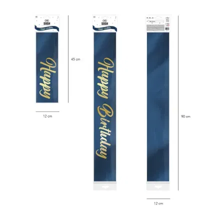 Szarfa urodzinowa Happy Birthday granatowo-złota 10x160cm Szarfa urodzinowa Happy Birthday granatowo-złota 10x160cm