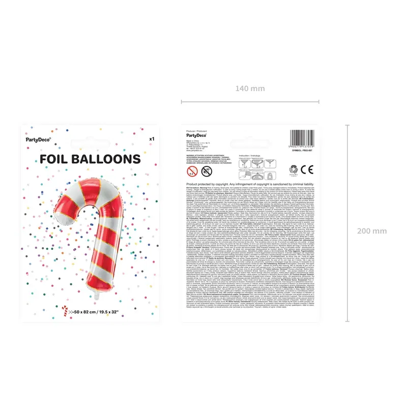Balon foliowy Cukrowa laska, 50x82cm, czerwony Balon foliowy Cukrowa laska, 50x82cm, czerwony