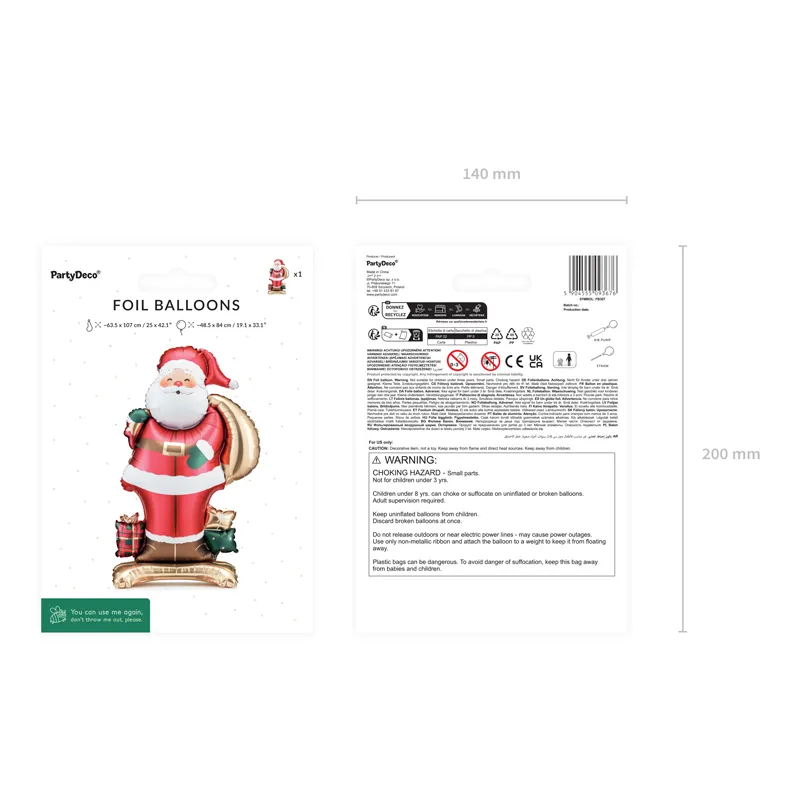 Stojący balon foliowy Mikołaj, 48.5x84 cm Stojący balon foliowy Mikołaj, 48.5x84 cm