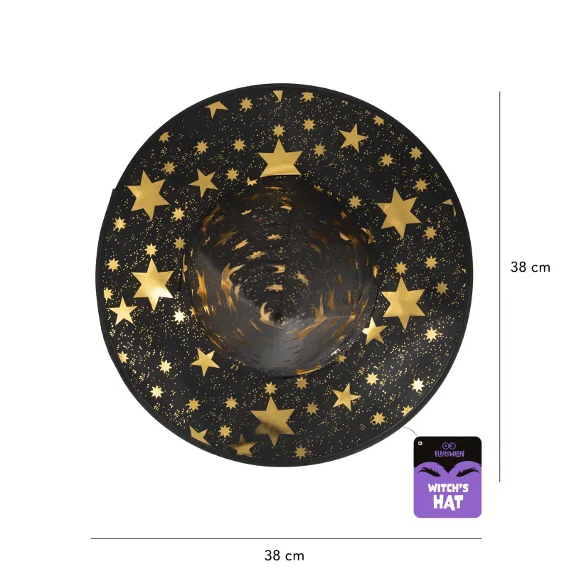 Kapelusz czarownicy Gwiazdki czarno-złoty 38x32cm Kapelusz czarownicy Gwiazdki czarno-złoty 38x32cm