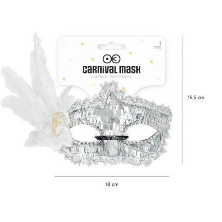 Maska karnawałowa z piórami srebrna 18x22cm Maska karnawałowa z piórami srebrna 18x22cm