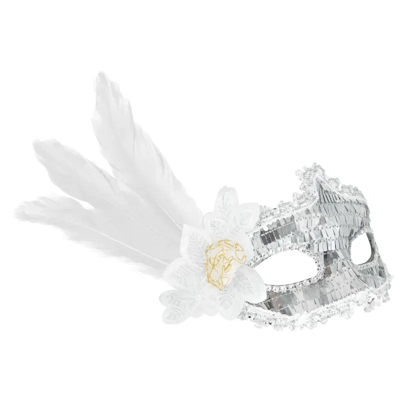 Maska karnawałowa z piórami srebrna 18x22cm Maska karnawałowa z piórami srebrna 18x22cm