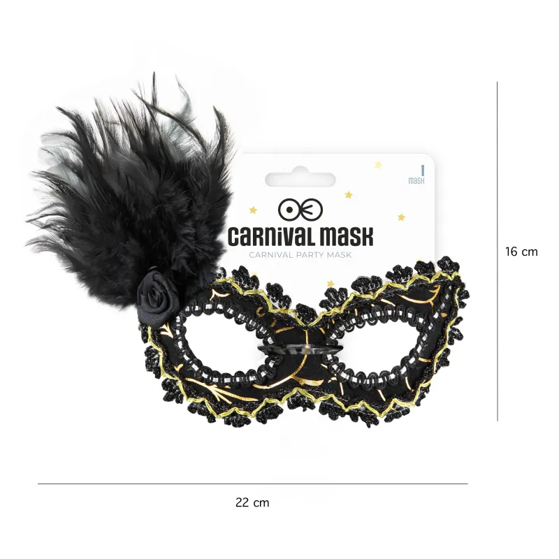Maska karnawałowa z piórami czarno-złota 18,5x15cm Maska karnawałowa z piórami czarno-złota 18,5x15cm