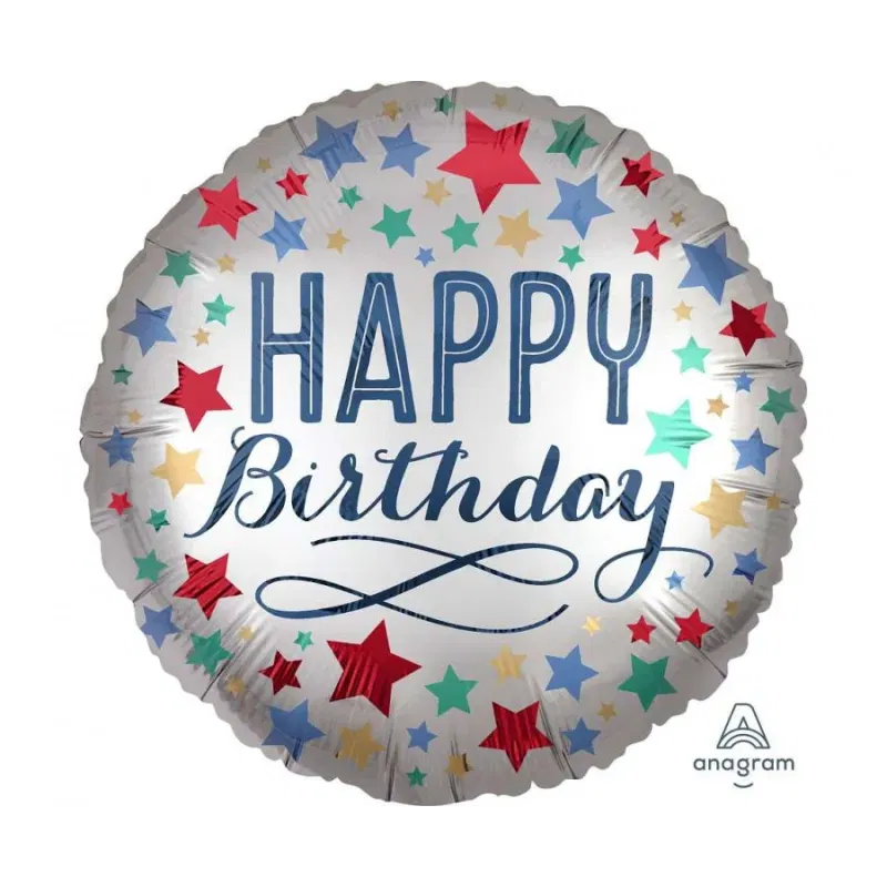 Balon foliowy Happy Birthday, Kolorowe Gwiazdki, 46 cm