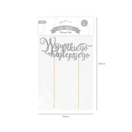 Srebrny Topper na tort Wszystkiego najlepszego, brokat