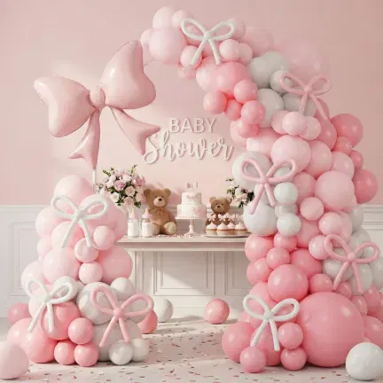 Girlanda balonowa różowo biała z kokardkami 152 elementy