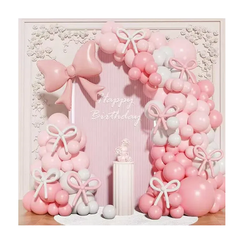 Girlanda balonowa różowo biała z kokardkami 152 elementy