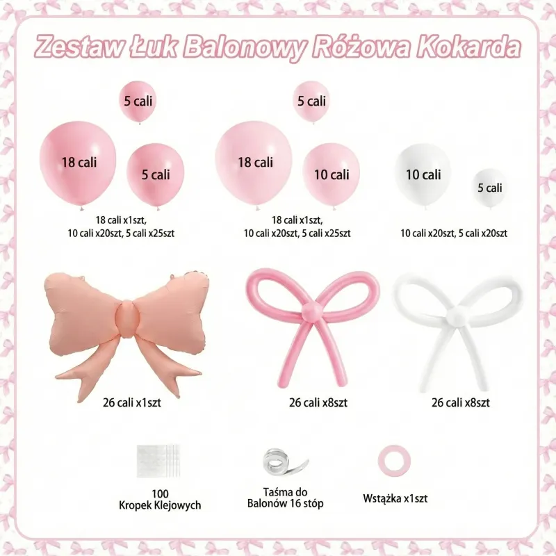 Girlanda balonowa różowo biała z kokardkami 152 elementy