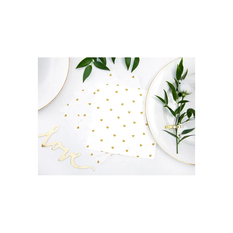 Serwetki białe w złote serca 33cm/20szt. Serwetki białe w złote serca 33cm/20szt.