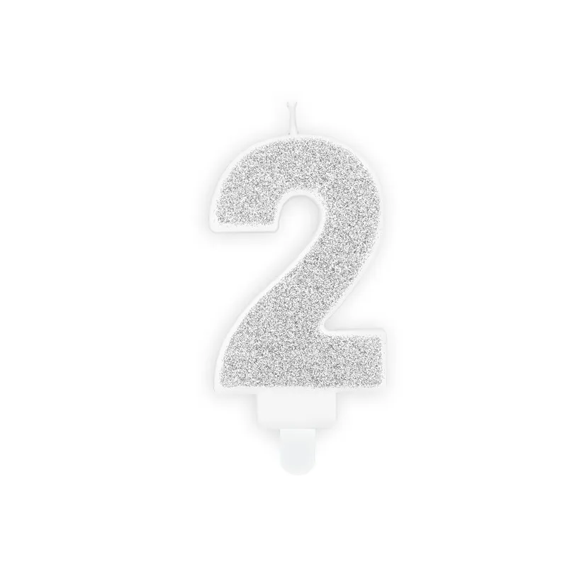 Świeczka "2" srebrny brokat,7cm