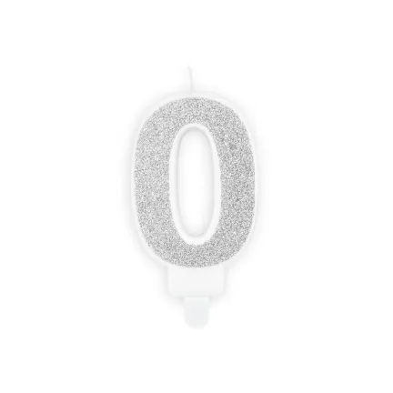 Świeczka cyferka "0" srebrny brokat, 7cm 